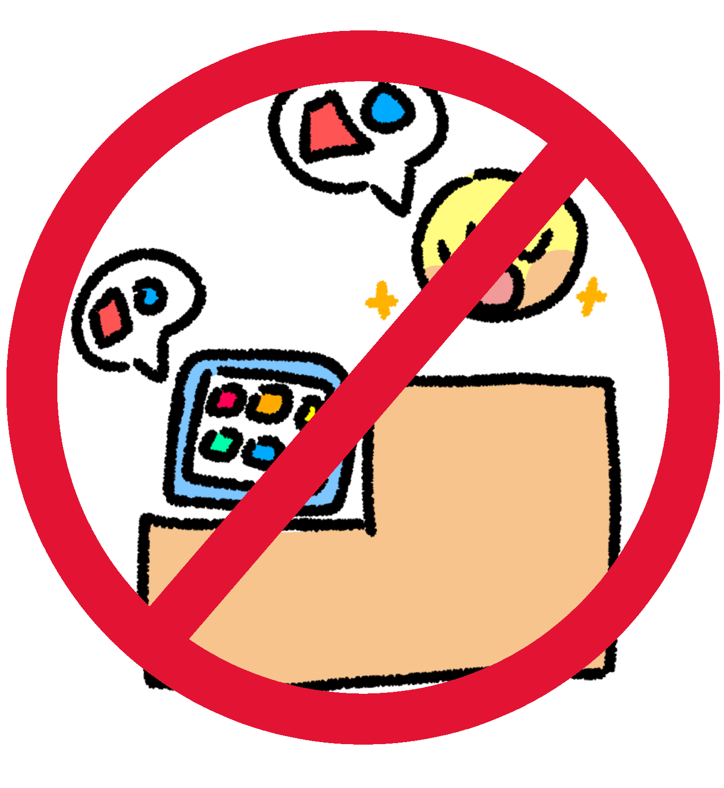 sports podium with two tiers. The lower tier has an AAC tablet with shapes coming out of it representing words. The higher tier has a yellow person talking with sparkles around them. Both the person and the AAC tablet have a red square and blue circle inside speech bubbles next to them. There’s a red No sign (a circle with a line through it) around the whole image